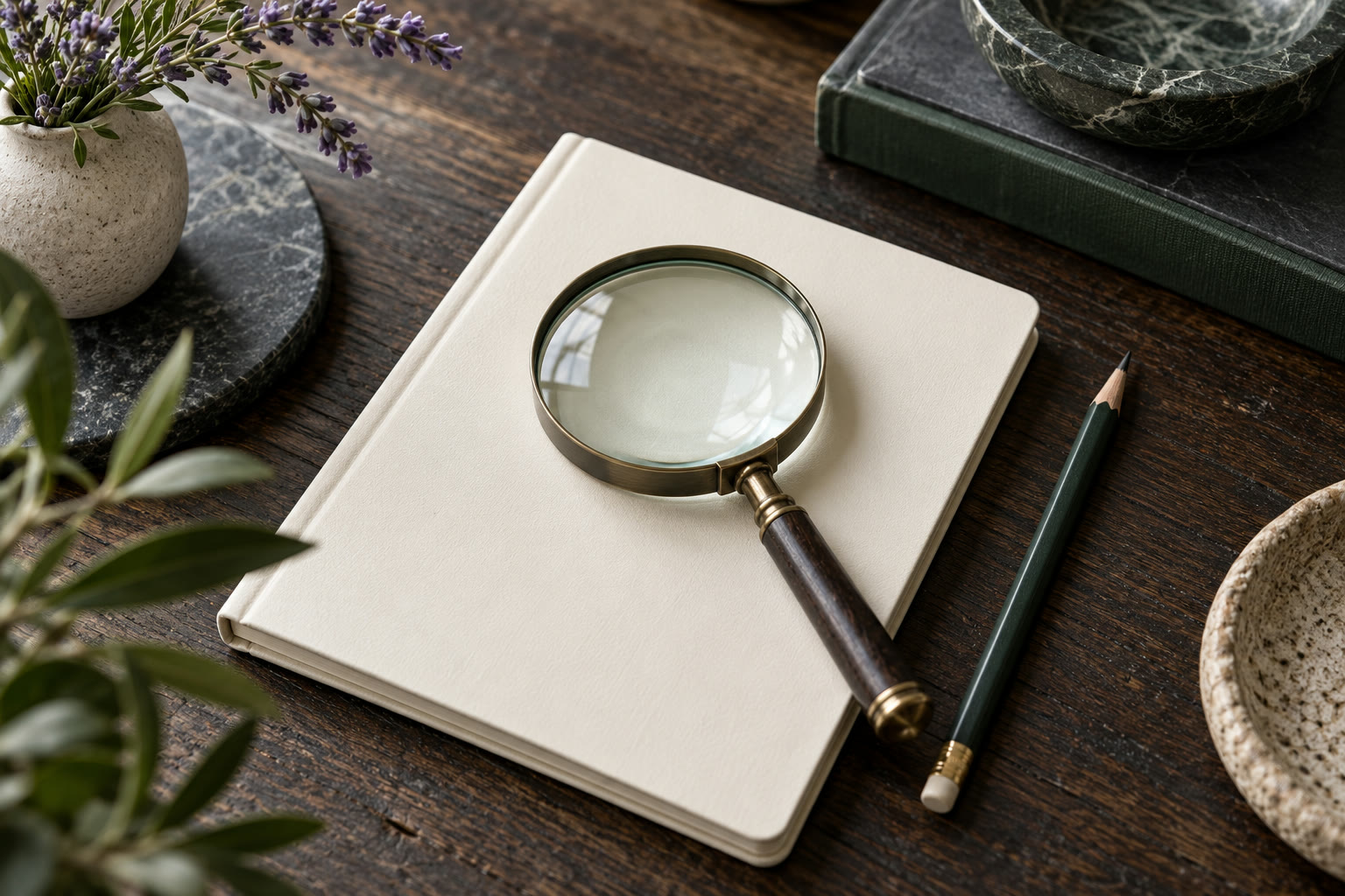 Magnifying glass resting on an open notebook beside a pen