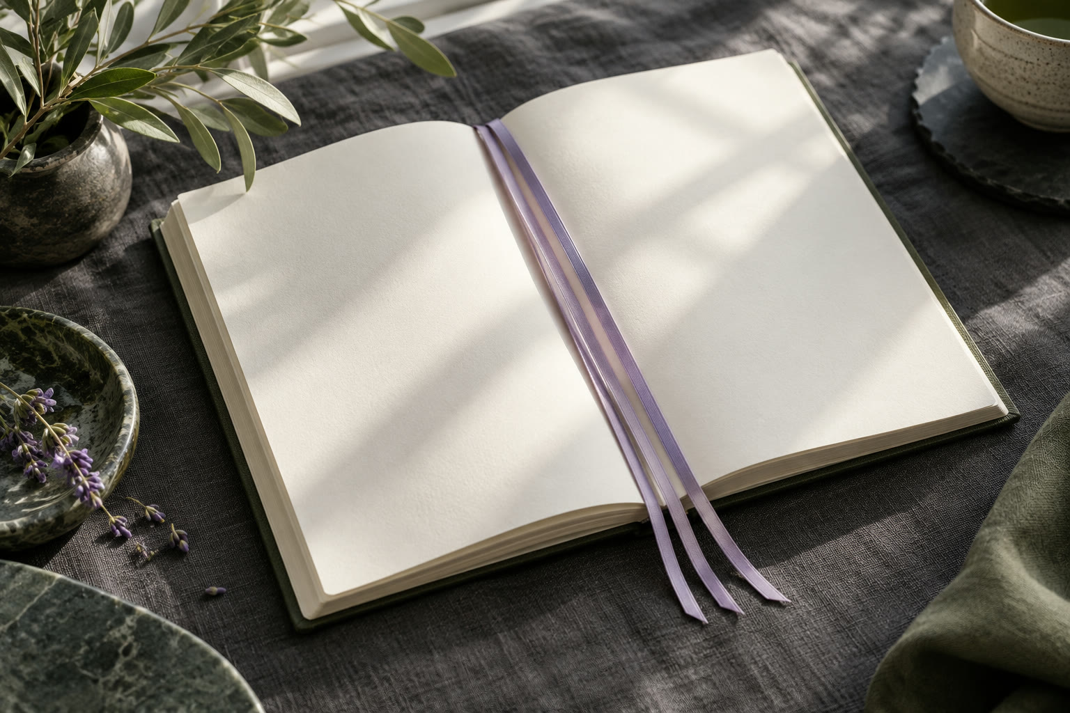 Illustration: An open notebook with three lavender bookmarks.