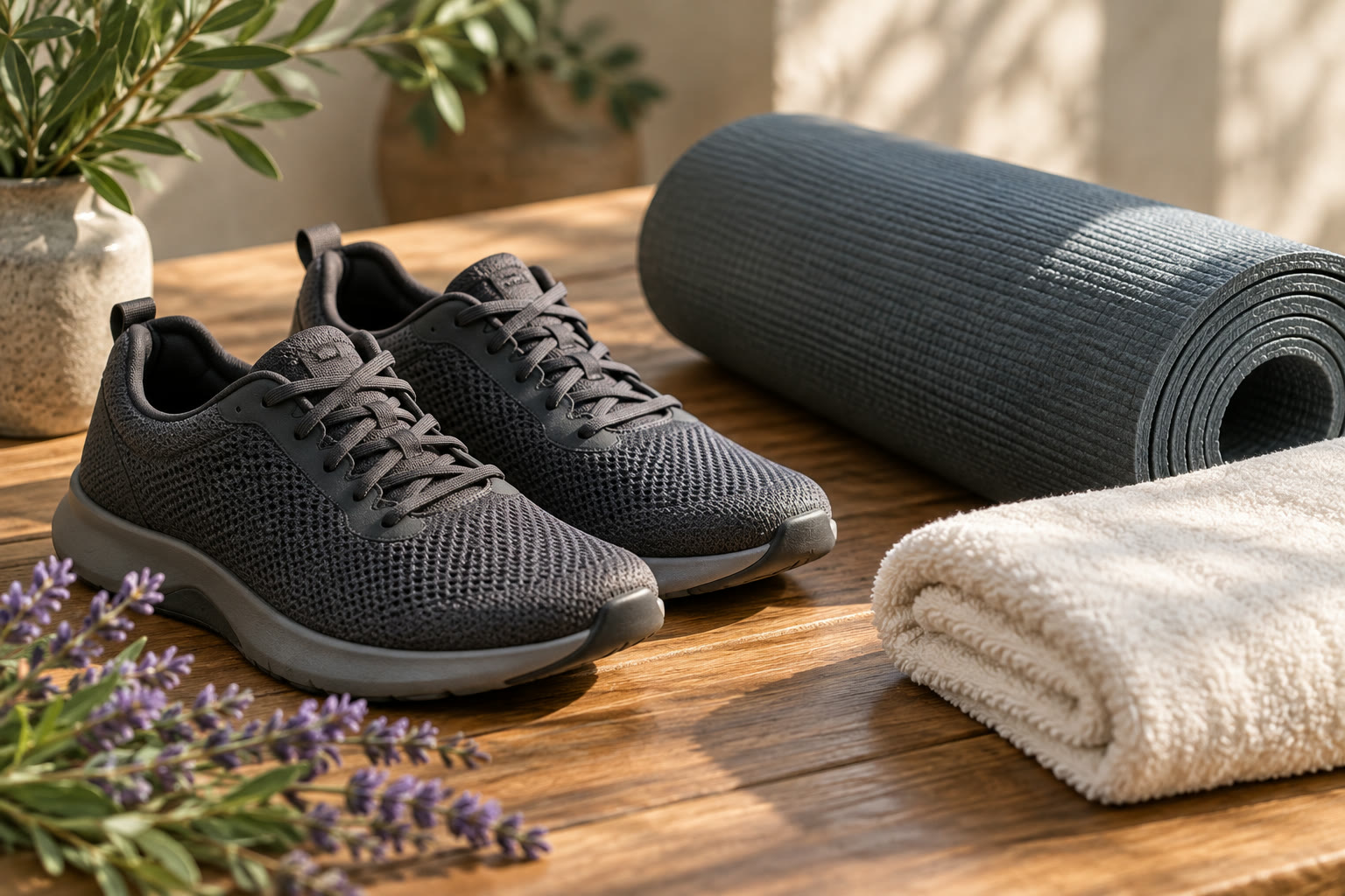 Illustration: Training shoes beside a rolled mat and towel.