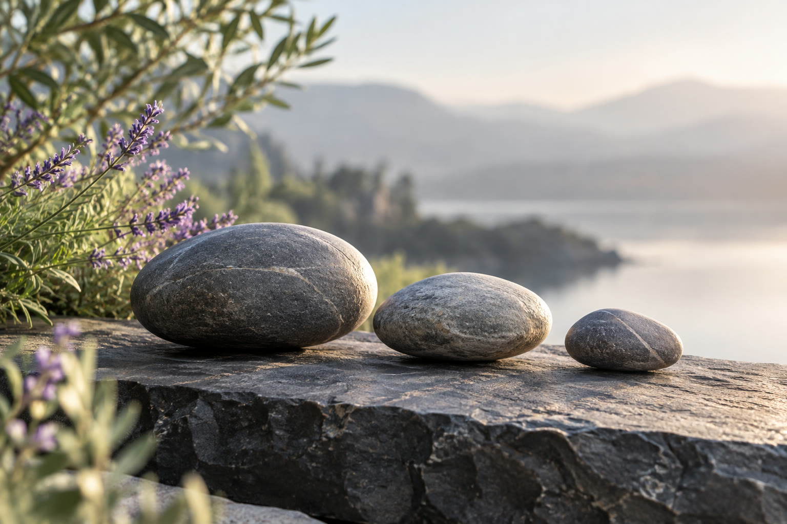 Illustration: Three smooth stones arranged on a ledge.