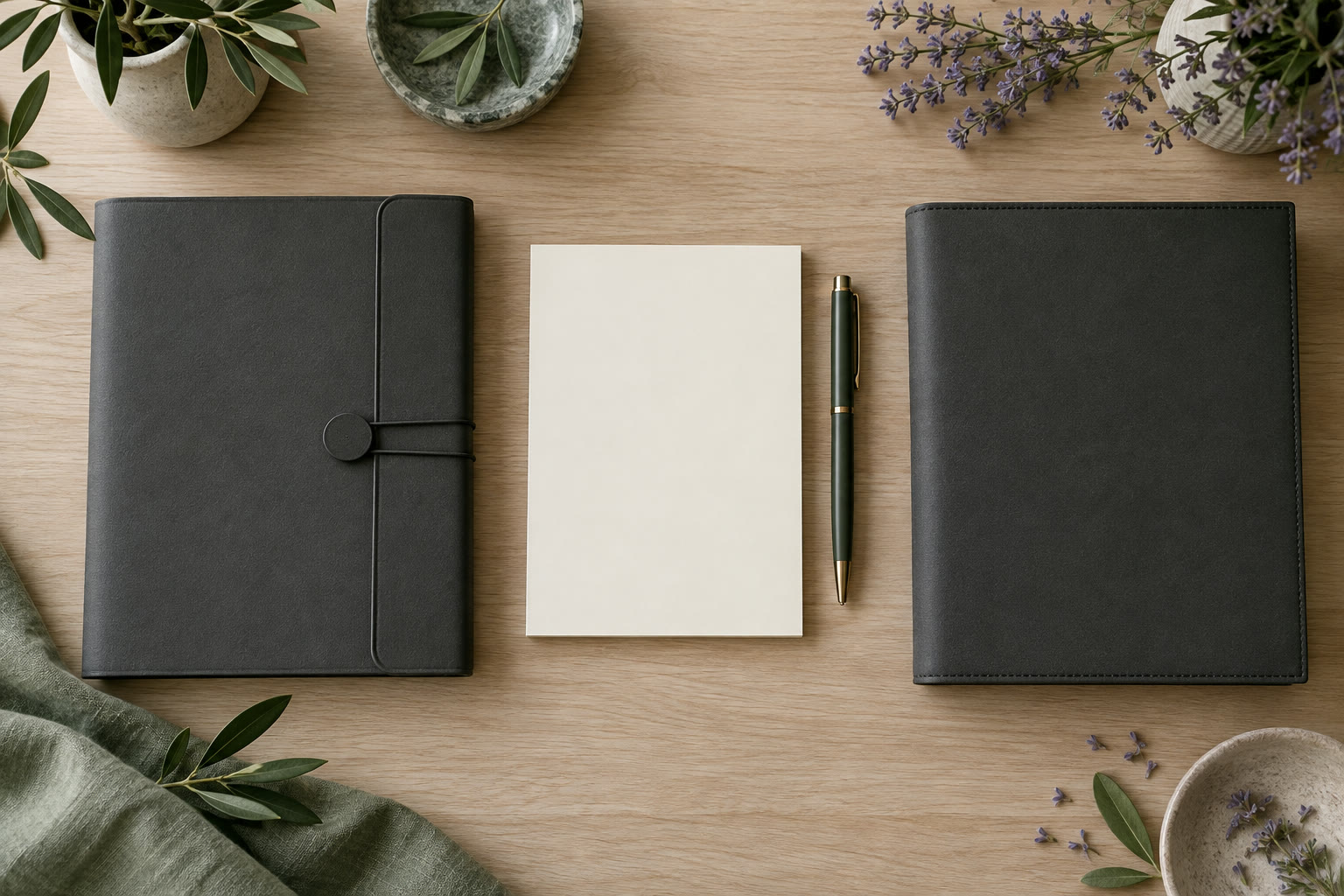 Illustration: Two charcoal folios beside a blank notepad and pen.