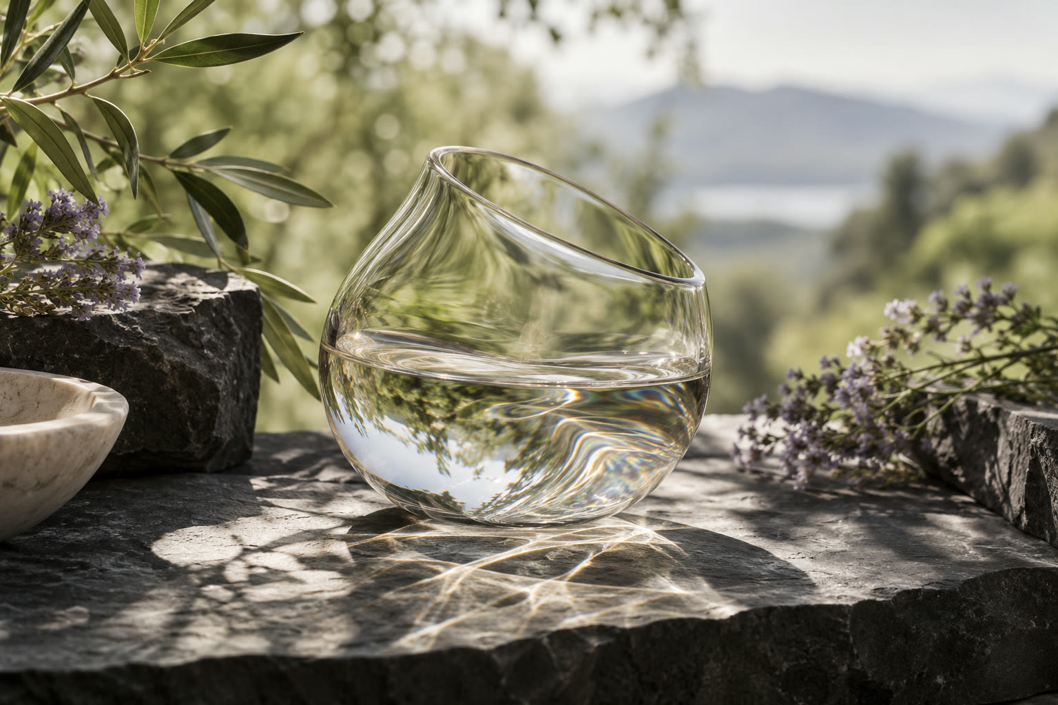 Illustration: A glass vessel refracting light onto stone.