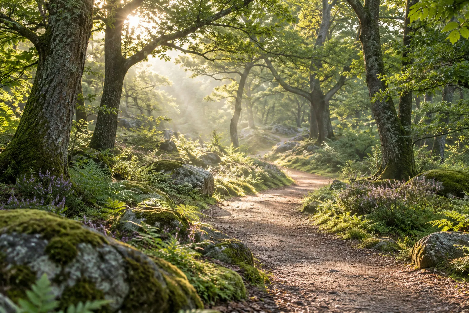 Sunlight streaming over a forest path lined with moss and ferns