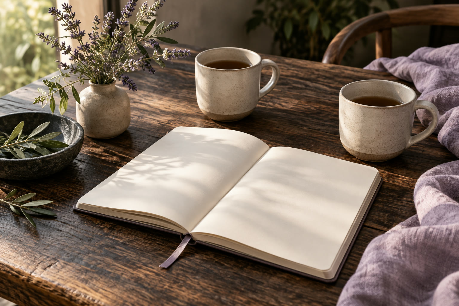 Illustration: An open notebook and two cups on a wooden table.