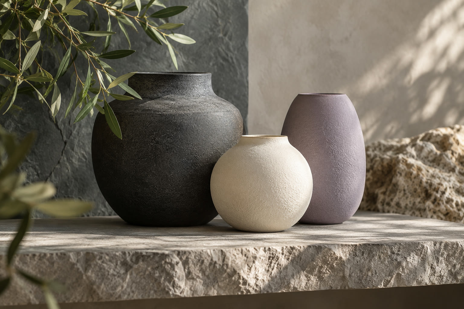 Illustration: Three ceramic vessels grouped on a stone shelf.