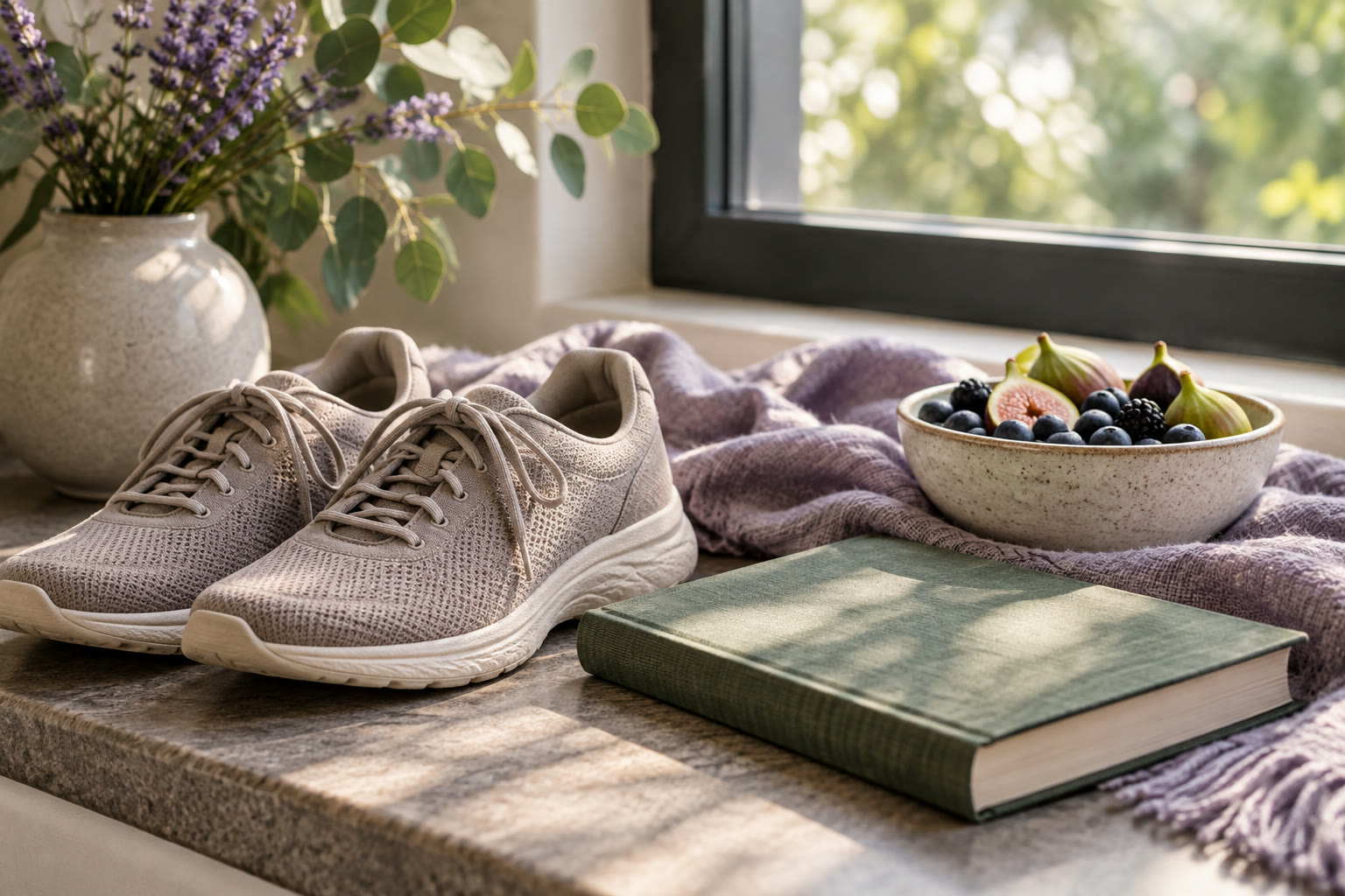 Running shoes, a bowl of fruit and a book on a sunny windowsill