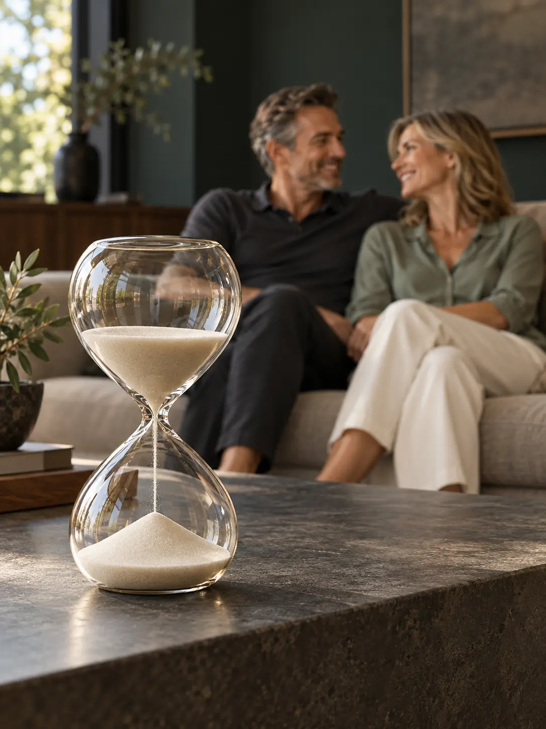 An hourglass on a table in the foreground, with a couple relaxing together on a sofa behind it