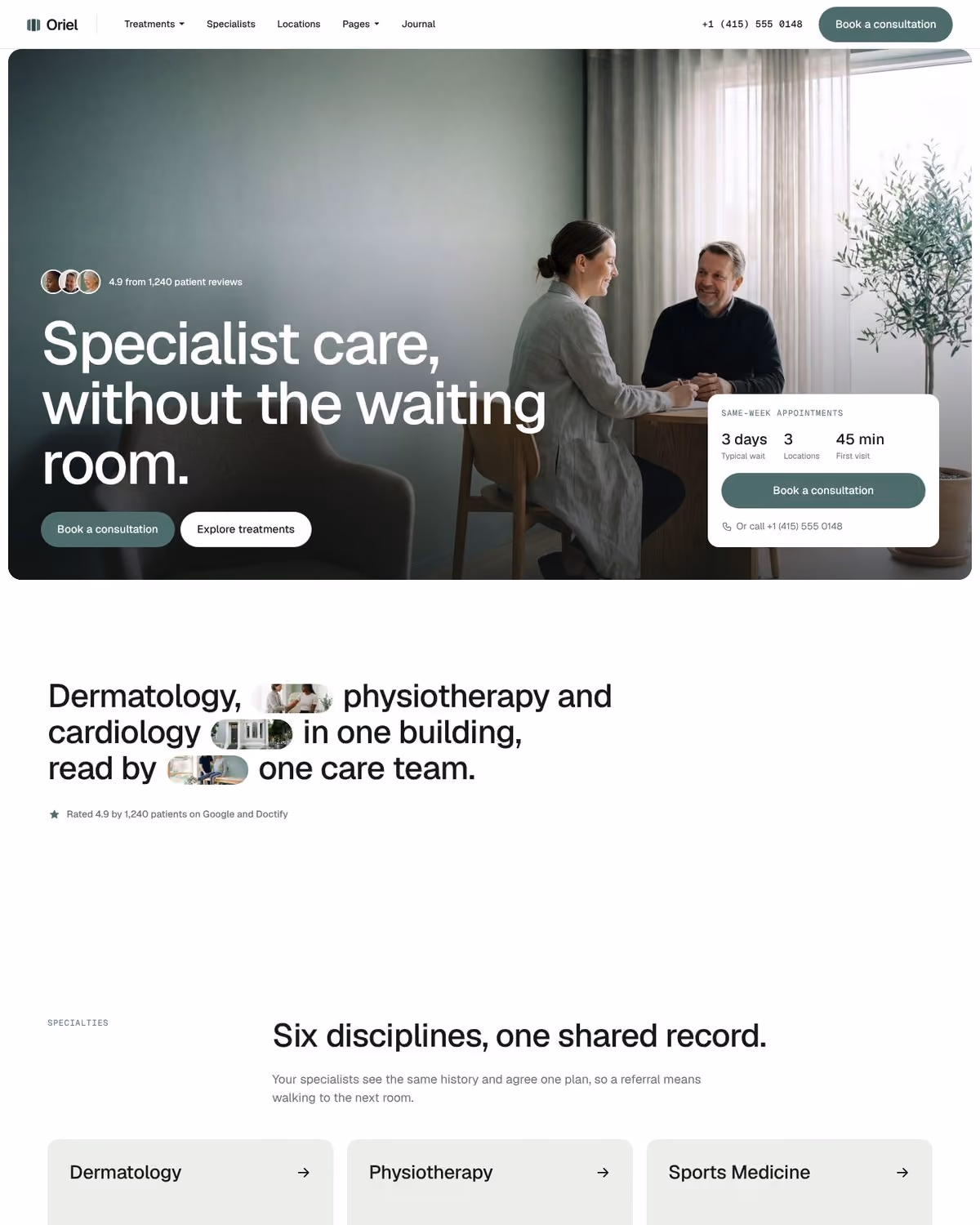 Oriel Webflow clinic template – Home V1 page preview