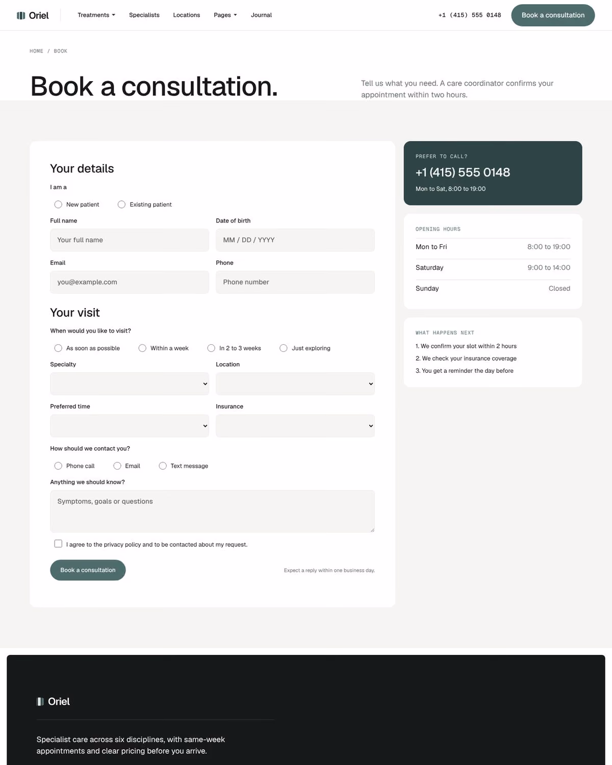 Oriel Webflow clinic template – Book V1 page preview