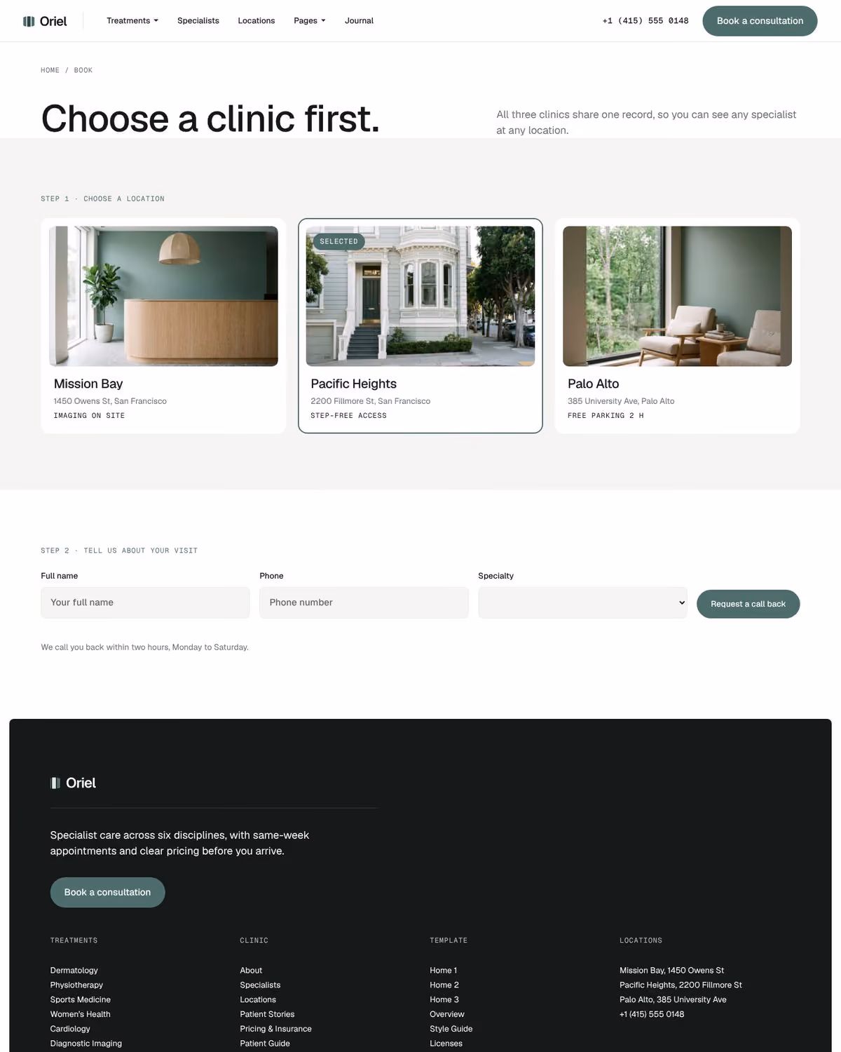 Oriel Webflow clinic template – Book V2 page preview