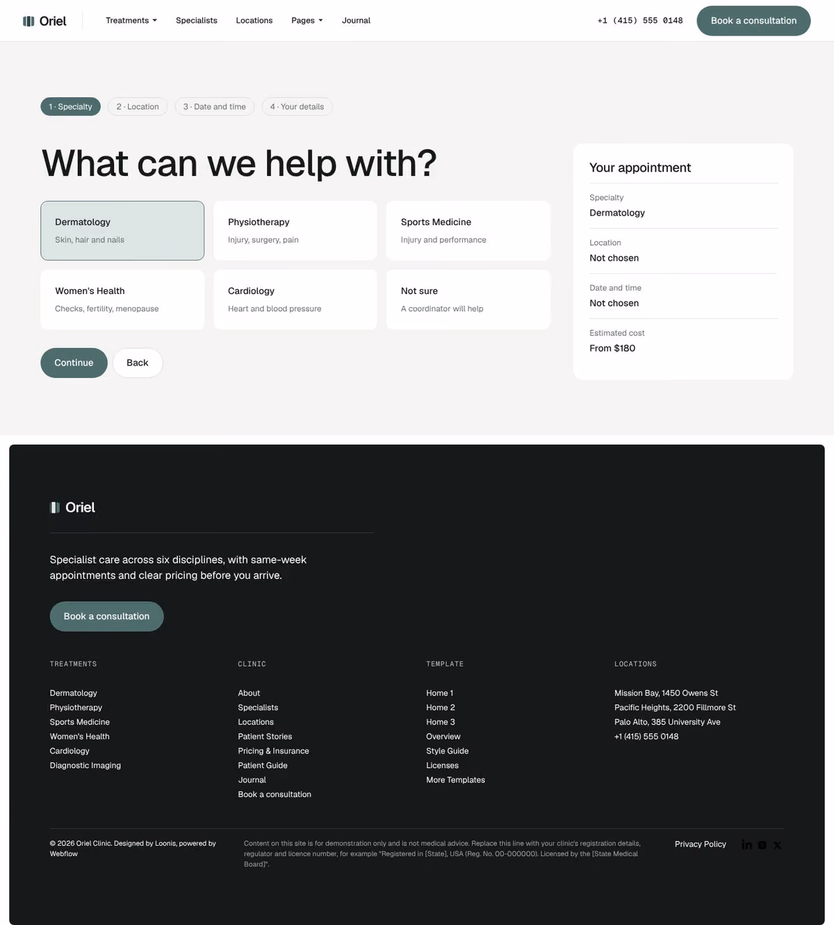 Oriel Webflow clinic template – Book V3 page preview