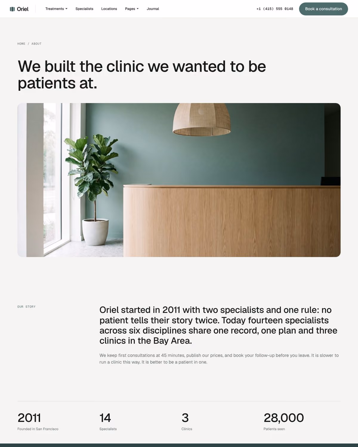 Oriel Webflow clinic template – About page preview