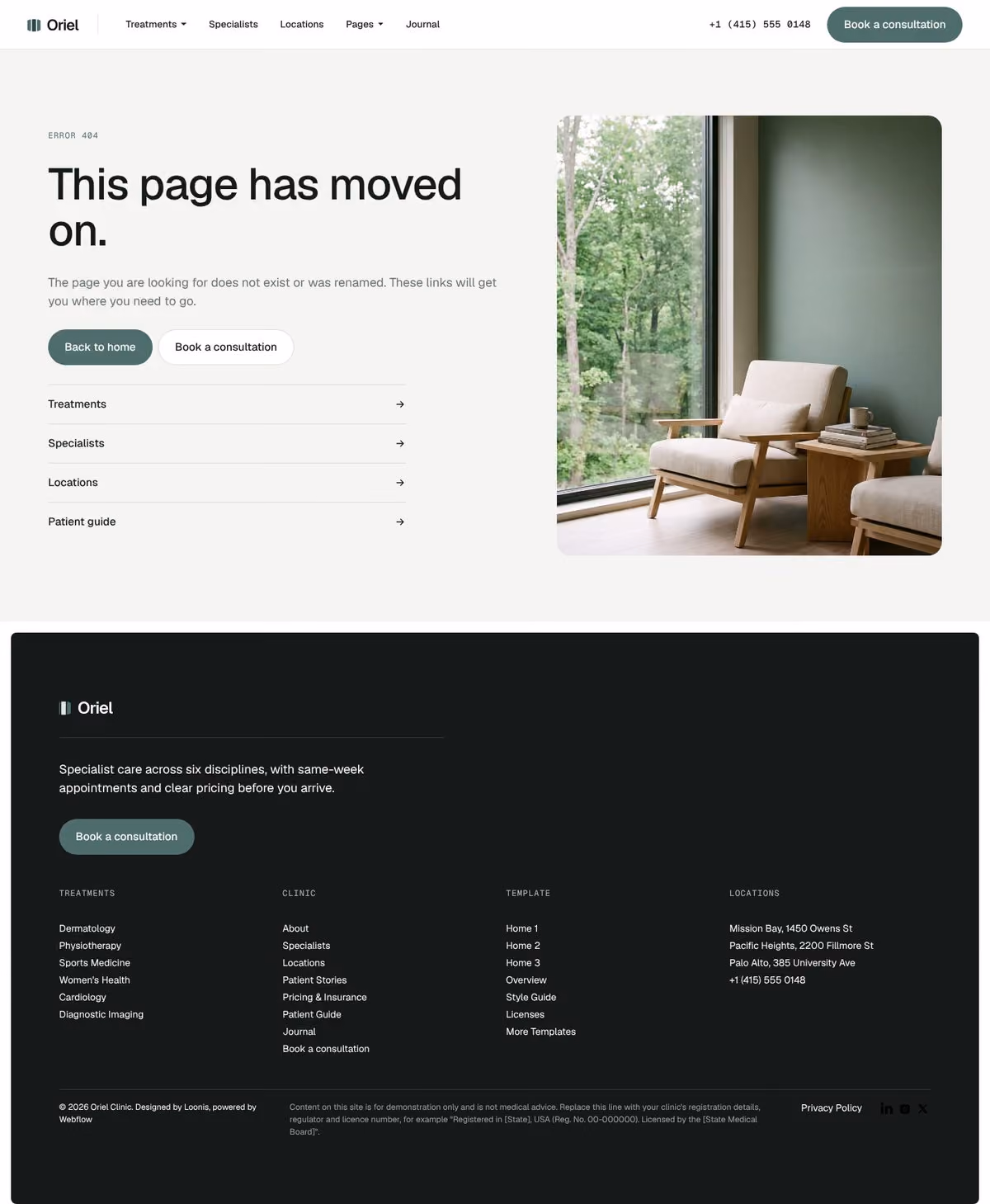 Oriel Webflow clinic template – 404 page preview
