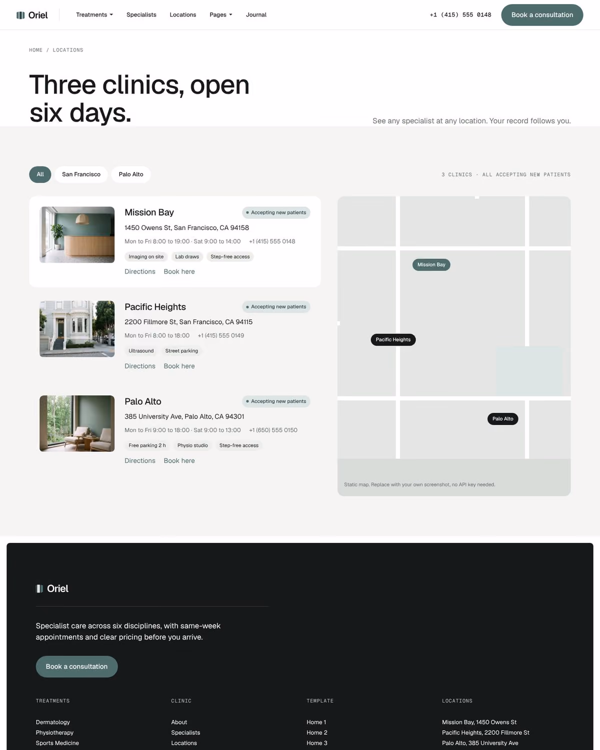 Oriel Webflow clinic template – Locations page preview