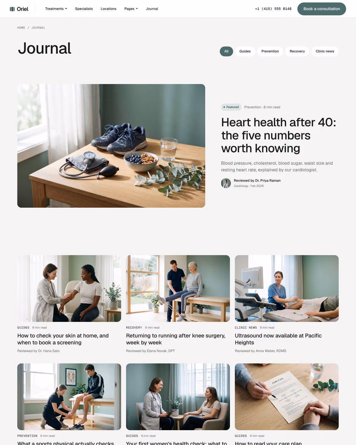 Oriel Webflow clinic template – Journal page preview