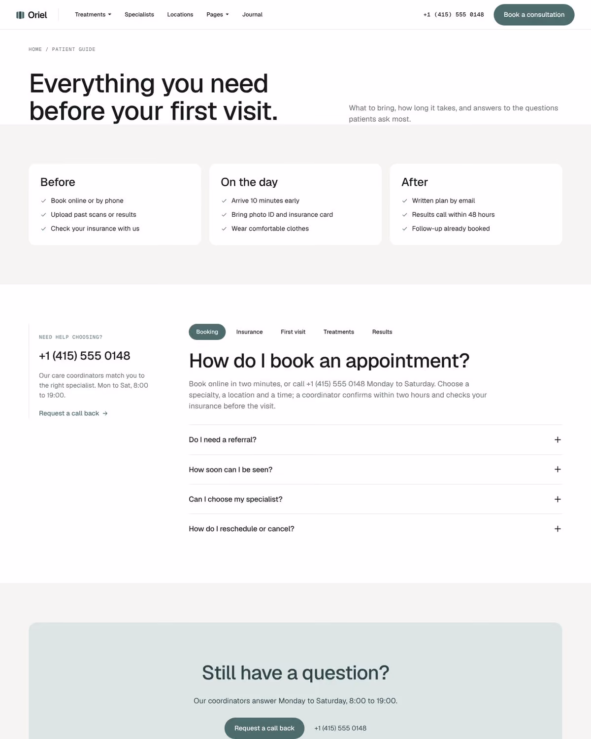 Oriel Webflow clinic template – Patient Guide page preview