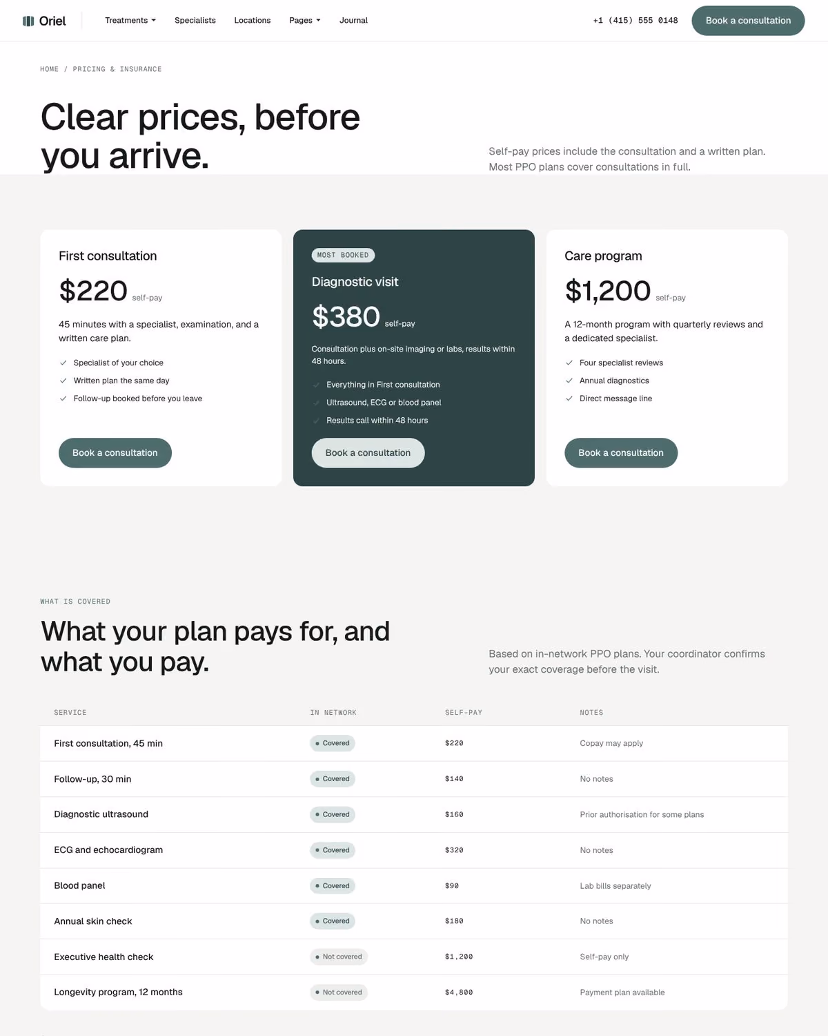 Oriel Webflow clinic template – Pricing & Insurance page preview