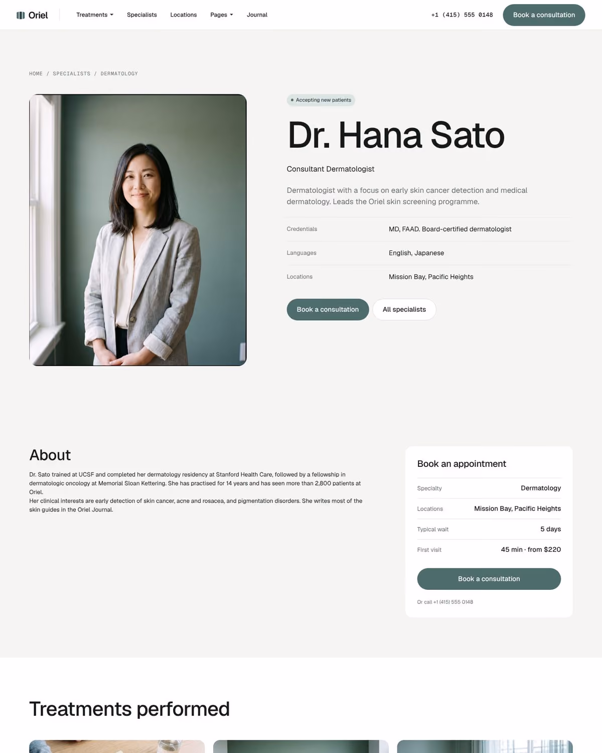 Oriel Webflow clinic template – Specialist detail CMS page preview