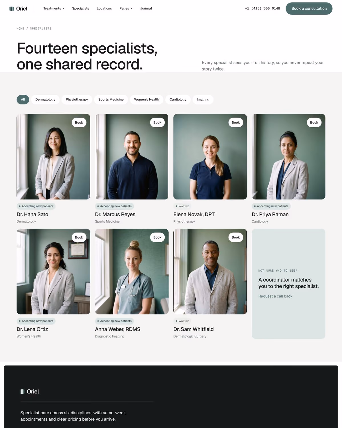 Oriel Webflow clinic template – Specialists page preview