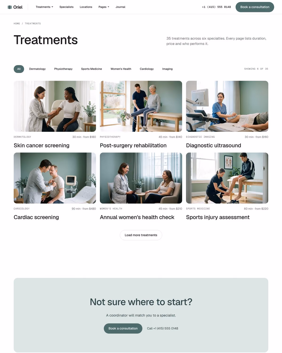 Oriel Webflow clinic template – Treatments V1 page preview