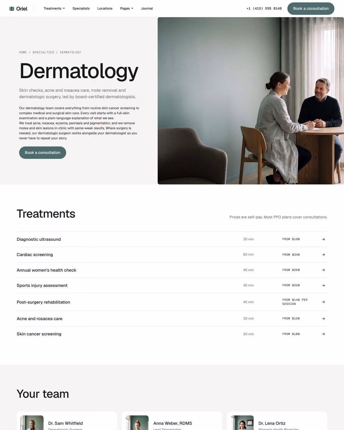 Oriel Webflow clinic template – Specialty detail CMS page preview