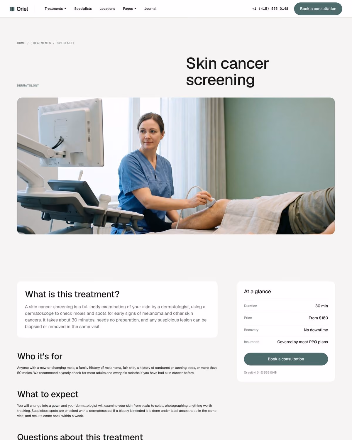 Oriel Webflow clinic template – Treatment detail CMS page preview