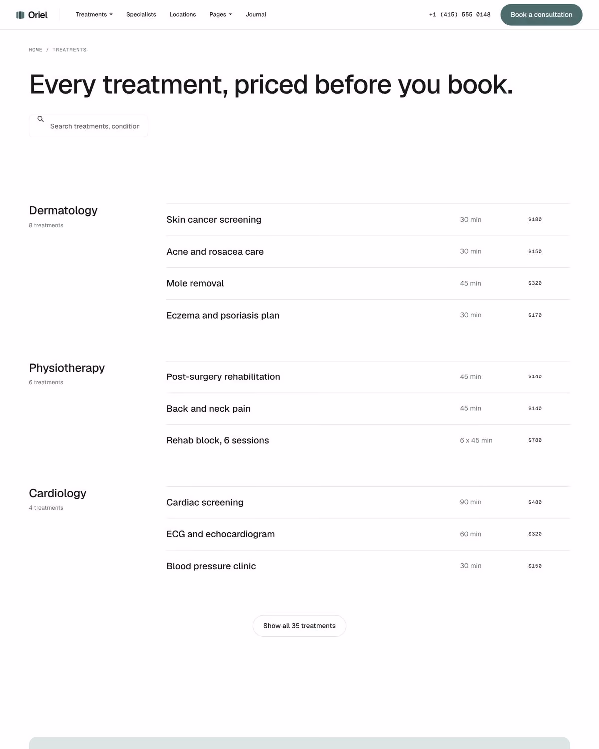 Oriel Webflow clinic template – Treatments V2 page preview