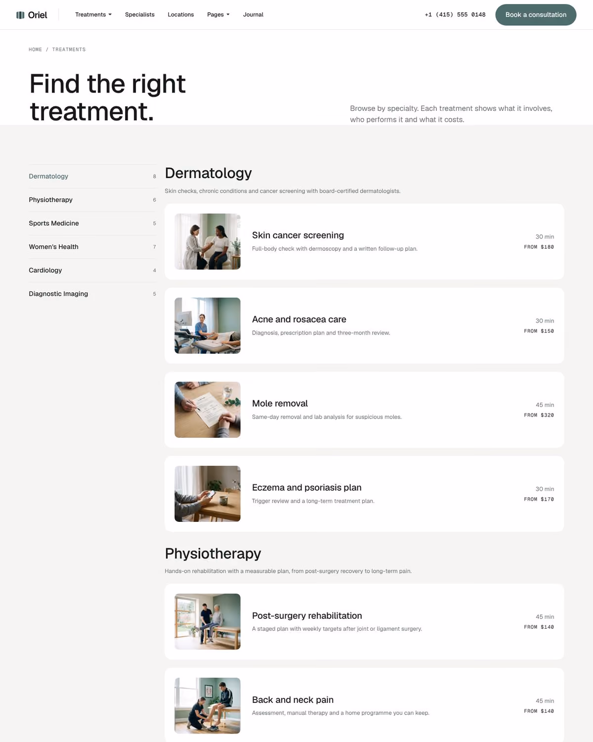 Oriel Webflow clinic template – Treatments V3 page preview