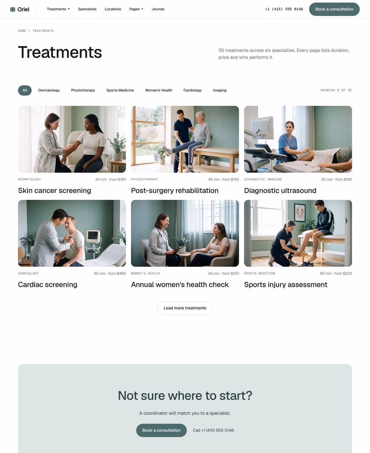 Oriel Webflow clinic template – Treatments page