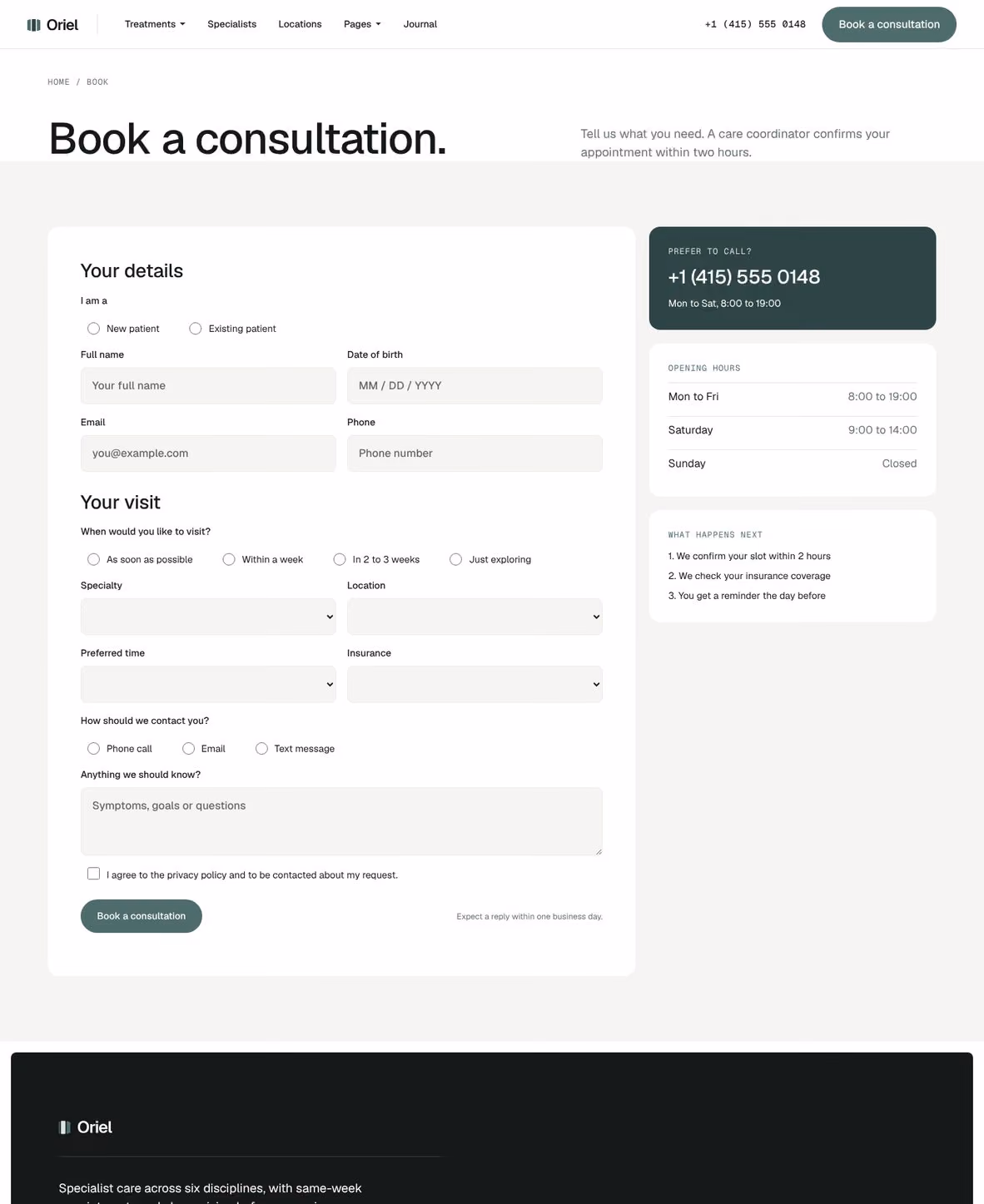 Oriel Webflow clinic template – Booking page