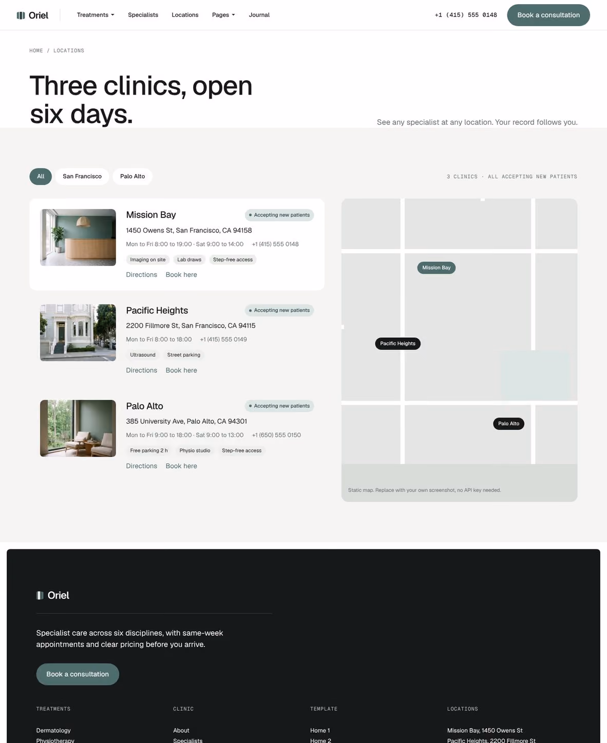 Oriel Webflow clinic template – Locations page