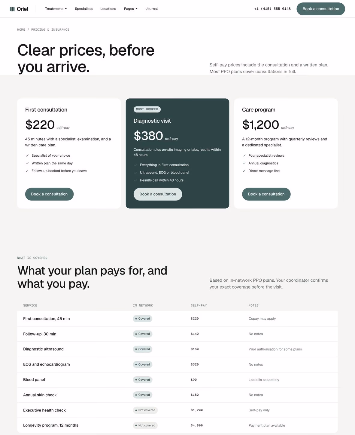 Oriel Webflow clinic template – Pricing & Insurance page
