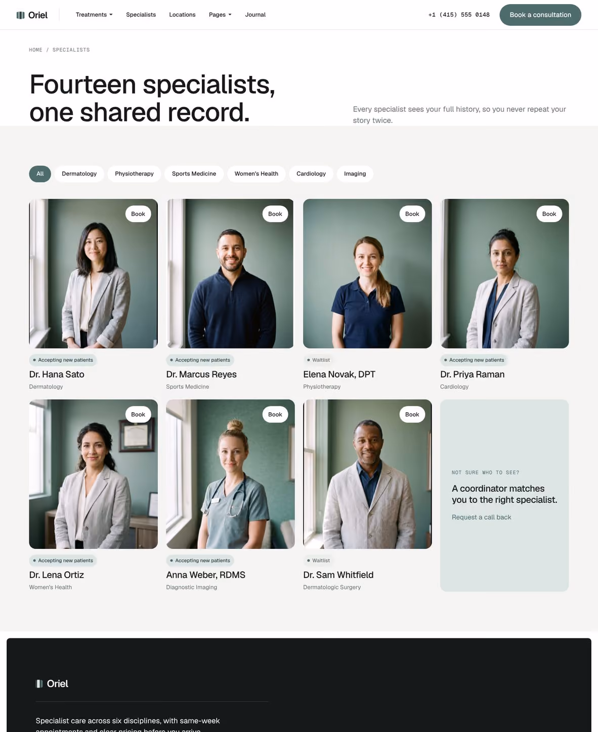 Oriel Webflow clinic template – Specialists page