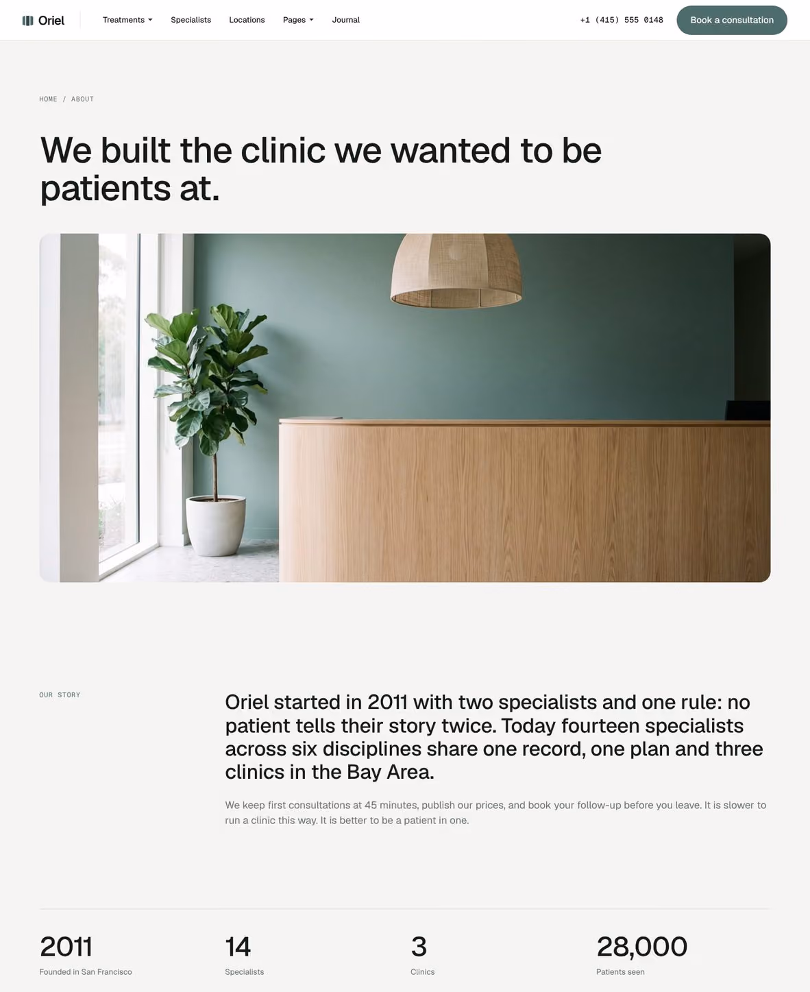 Oriel Webflow clinic template – About page