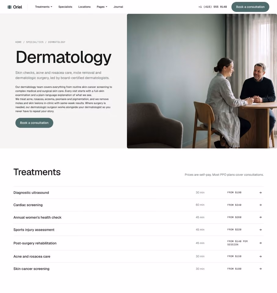 Oriel Webflow clinic template – CMS collections preview