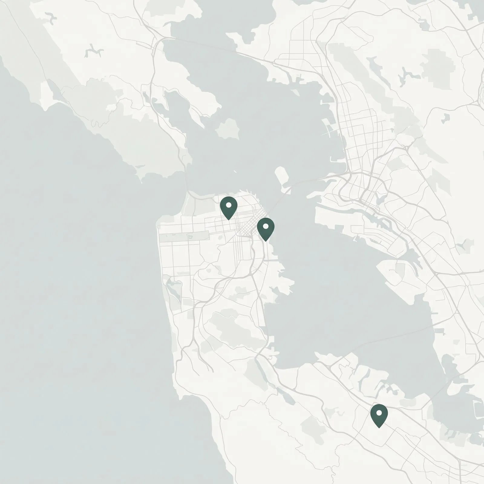 Map of the San Francisco Bay Area showing Oriel clinics in Mission Bay, Pacific Heights and Palo Alto