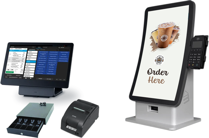 MStar POS terminal, cash drawer, receipt printer, and Pye self-order kiosk