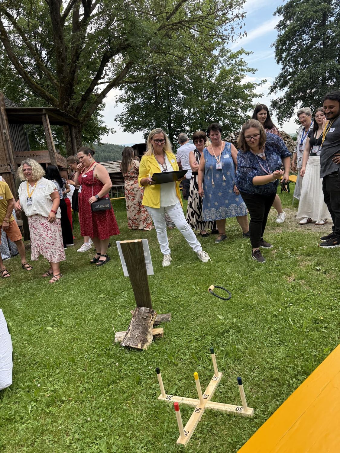 Kolleginnen und Kollegen beim Hufeisenwerfen auf der Wiese