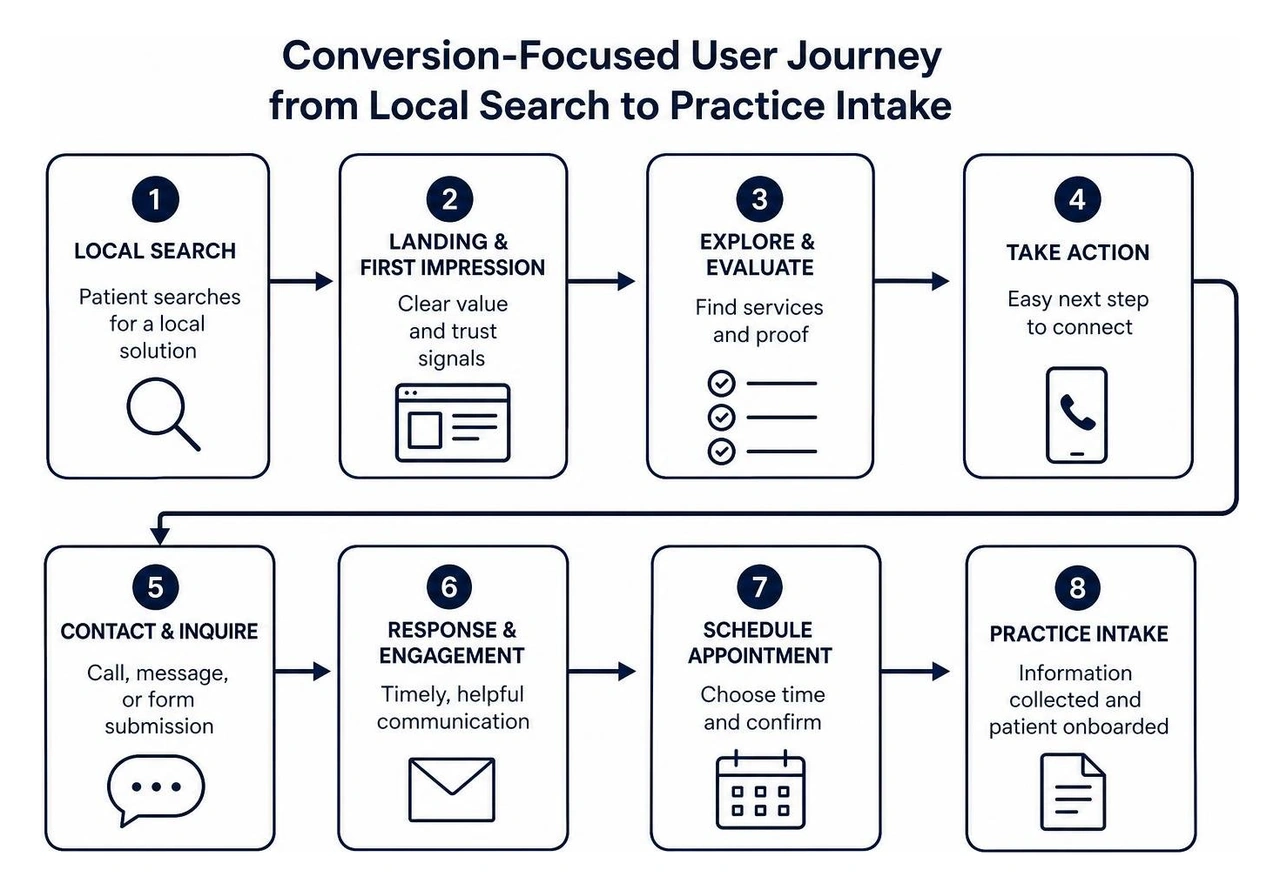 Conversion-focused user journey from local search to practice intake