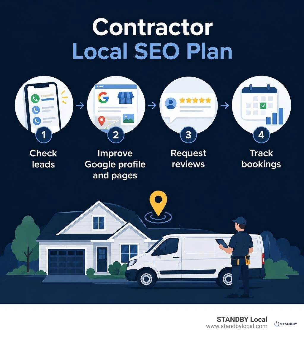 Contractor local SEO plan: check leads, improve Google profile and pages, request reviews, track bookings infographic