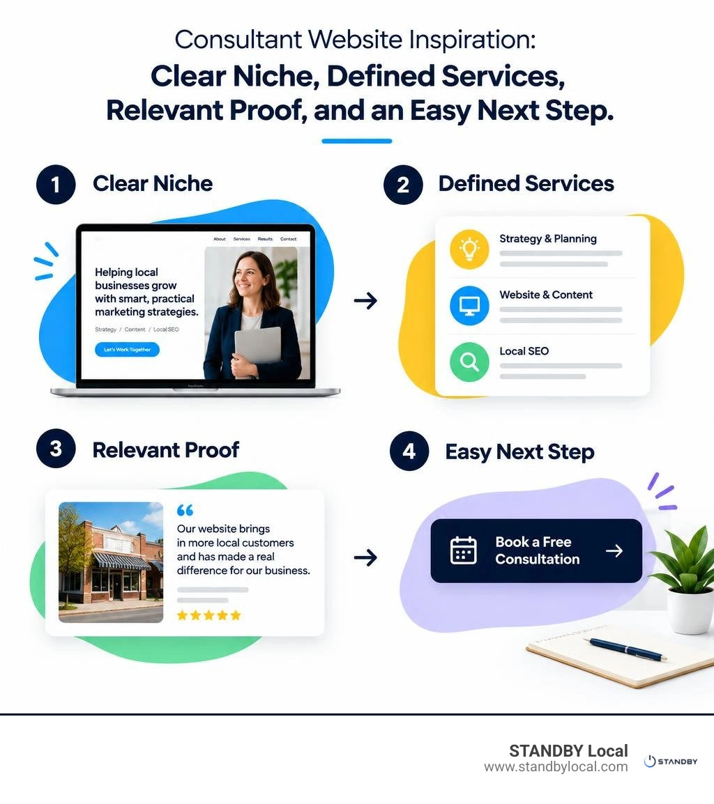 Consultant website inspiration: clear niche, defined services, relevant proof, and an easy next step infographic Consultant website inspiration: clear niche, defined services, relevant proof, and an easy next step infographic