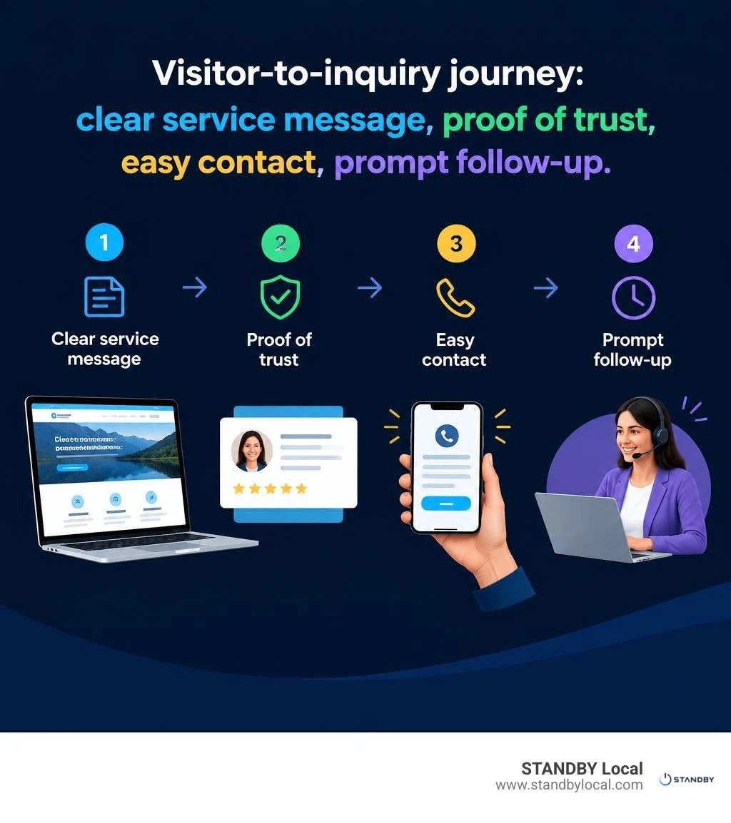 Visitor-to-inquiry journey: clear service message, proof of trust, easy contact, prompt follow-up infographic