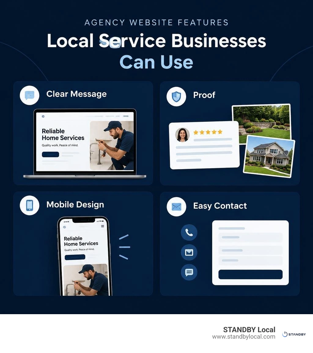 Agency website features local service businesses can use: clear message, proof, mobile design, and easy contact infographic Agency website features local service businesses can use: clear message, proof, mobile design, and easy contact infographic