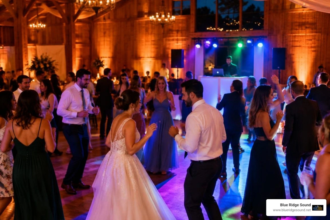Ambient uplighting illuminating wedding venue walls alongside dance floor lighting