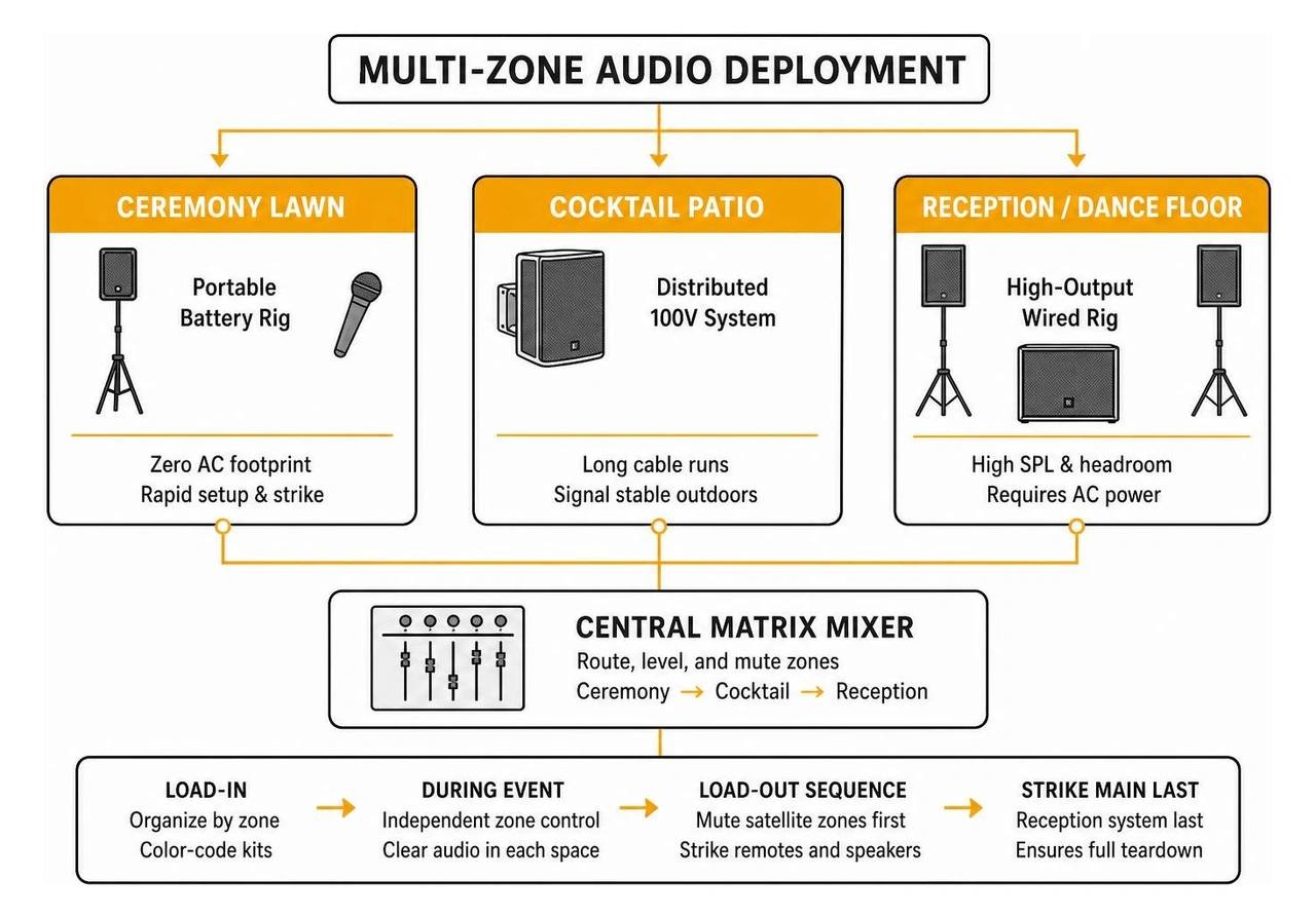 Multi-zone audio deployment across ceremony, cocktail, and reception spaces