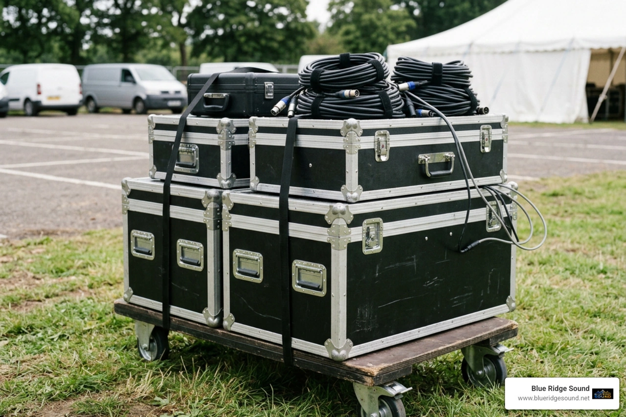 audio rental equipment flight cases packed and staged for load-out