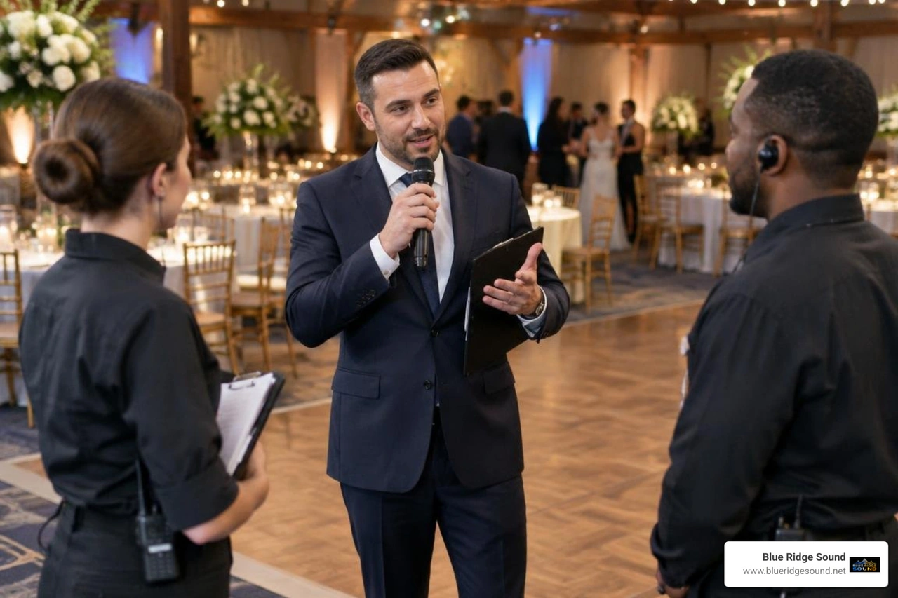 experienced MC managing wedding reception timeline and vendor cues