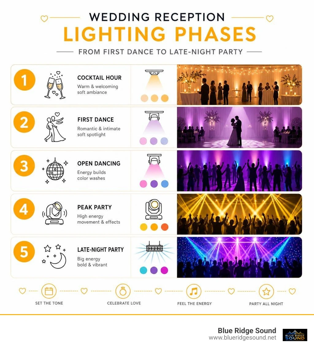Wedding reception lighting phases from first dance to late-night party infographic