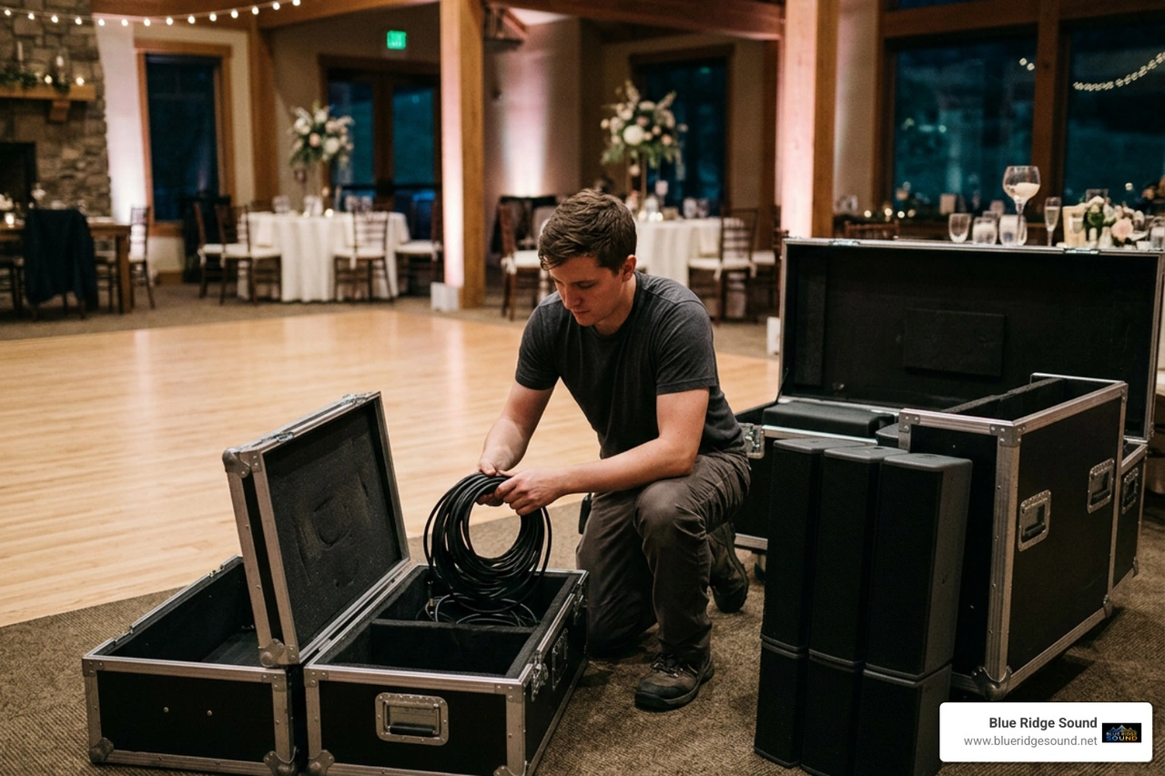 Sound engineer packing audio cables and speaker column arrays after reception