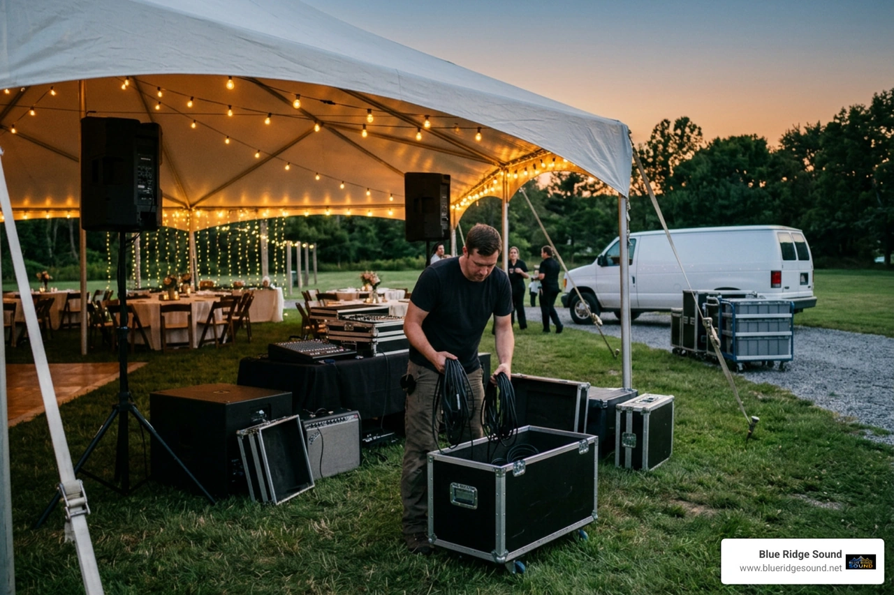 Outdoor wedding reception sound system breakdown under a tent